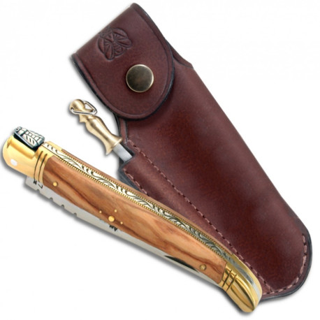 Laguiole folding knife with Olive Wood handle, 12 cm + Finest quality leather sheath with sharpener - Image 1190