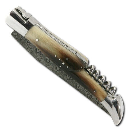 Couteau Laguiole avec manche en pointe de corne blonde et lame en acier damas, avec tire-bouchon profil - Image 915